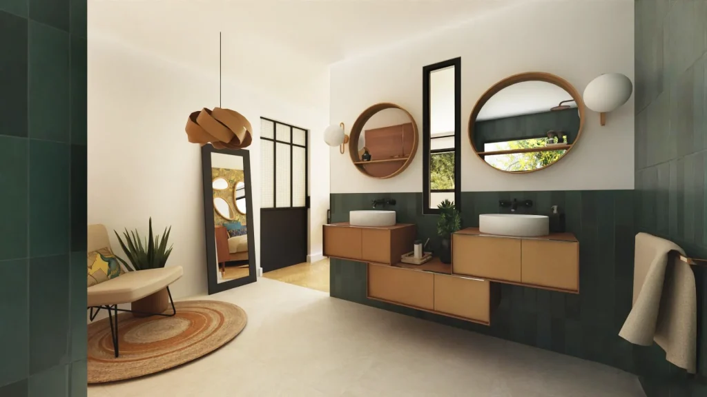 Salle d'eau avec double vasque, meubles en bois et miroirs ronds