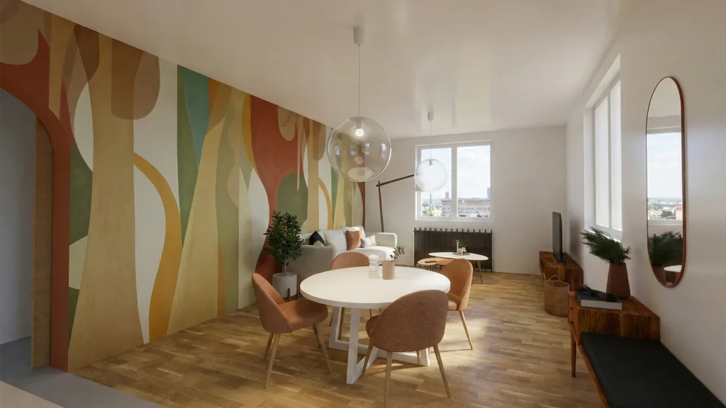 Séjour avec fresque murale et table ronde